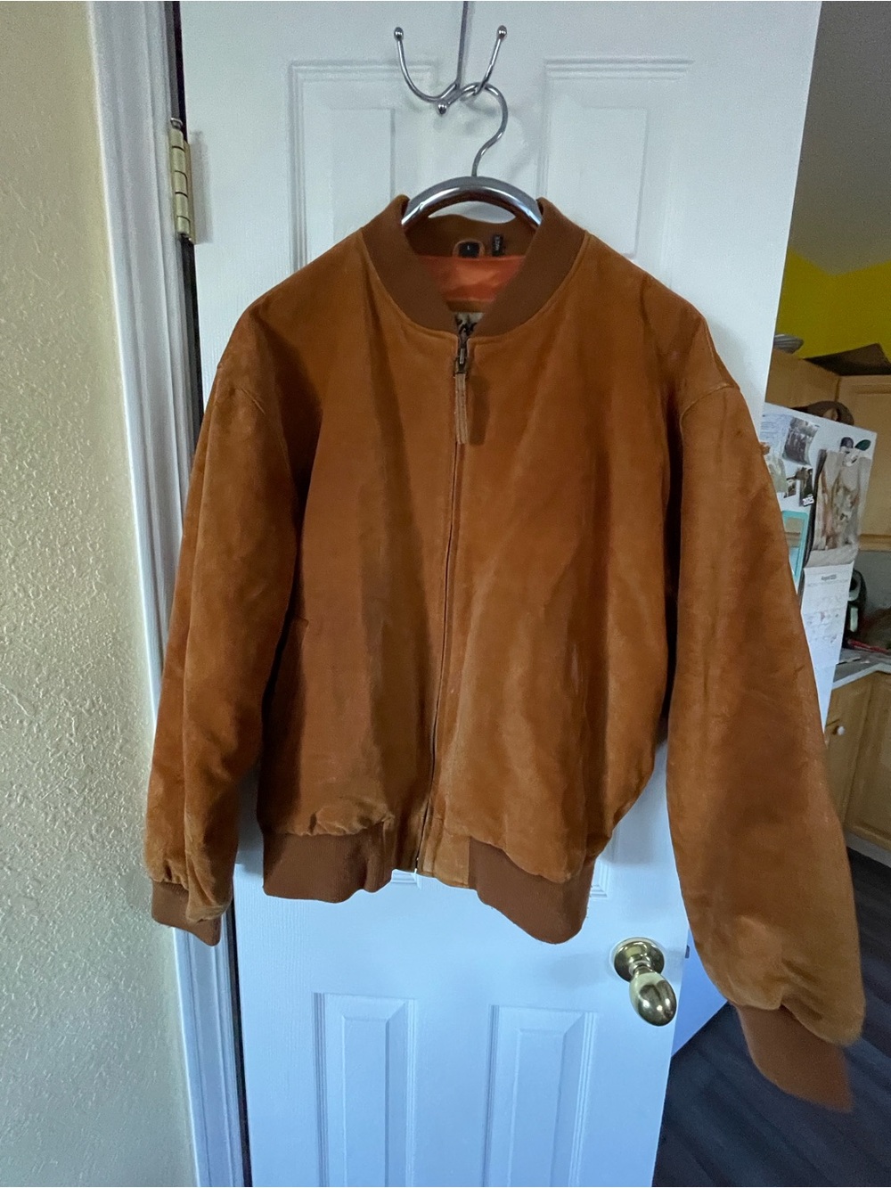 Classic Men's Suede Bomber Jacket in Cognac Brown